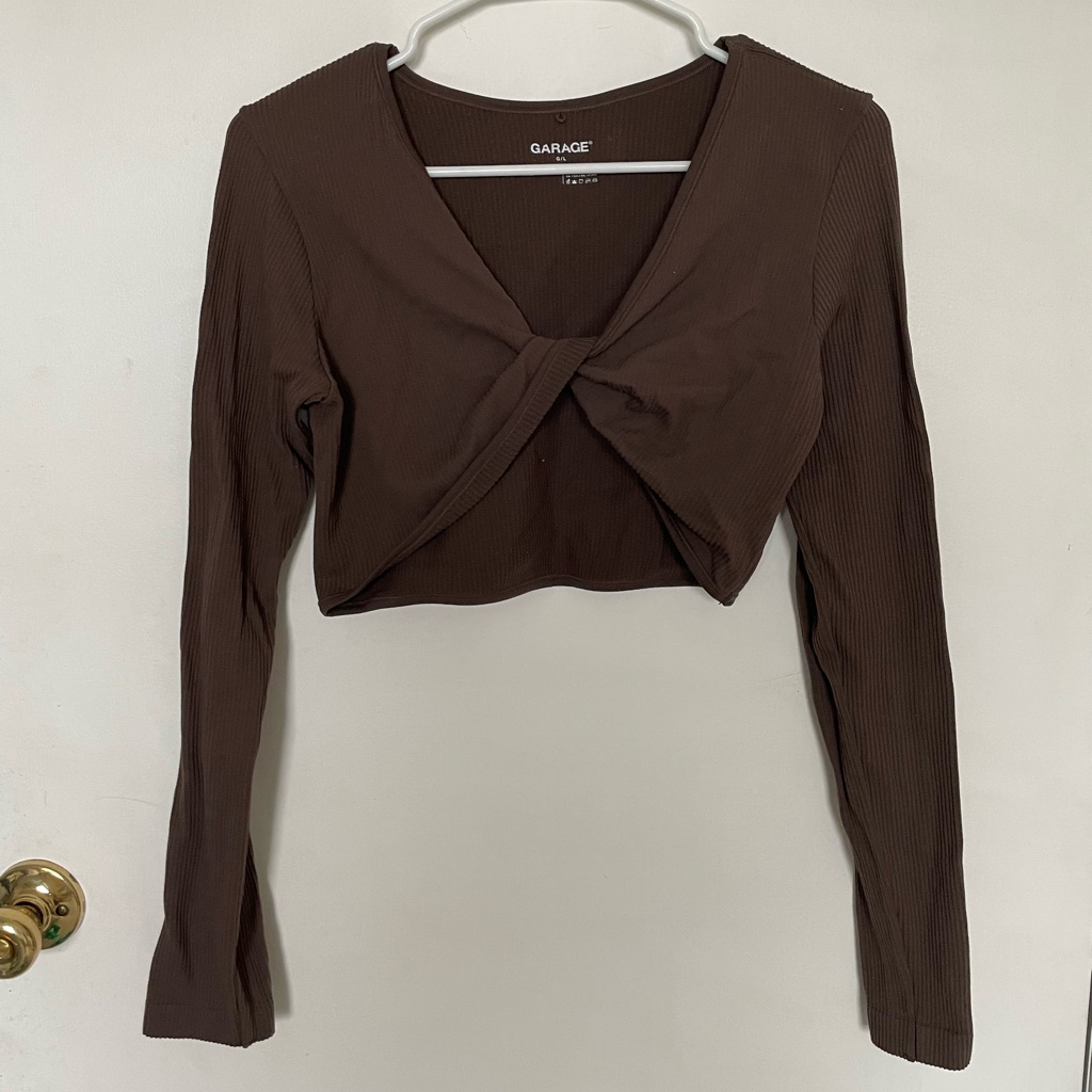 Garage Brown Ribbed Twist-Front Long Sleeve Crop Top